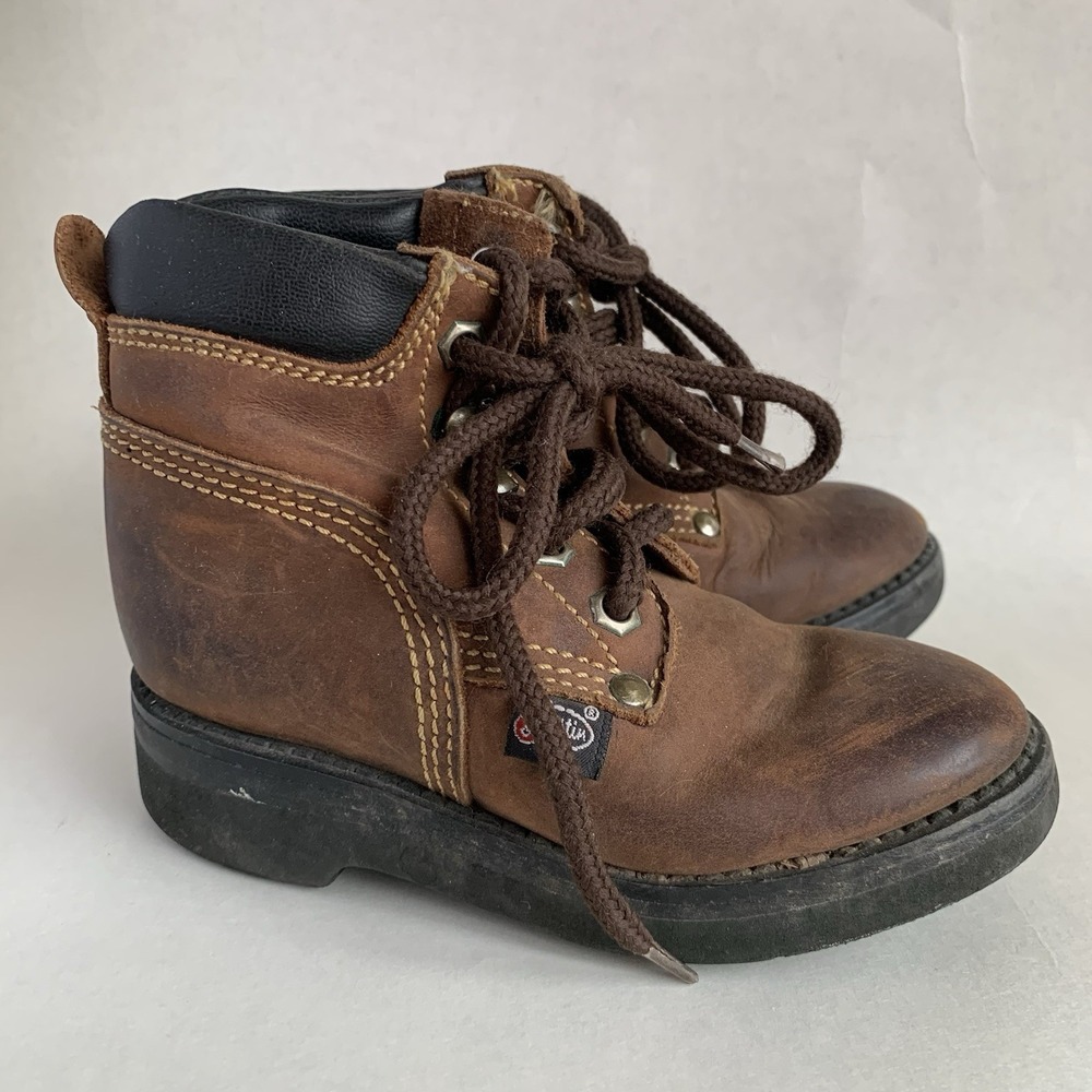 Justin Kids Original Leather‎ Work Boots Western 8.5D Chore Ranchwear Brown - Picture 2 of 7